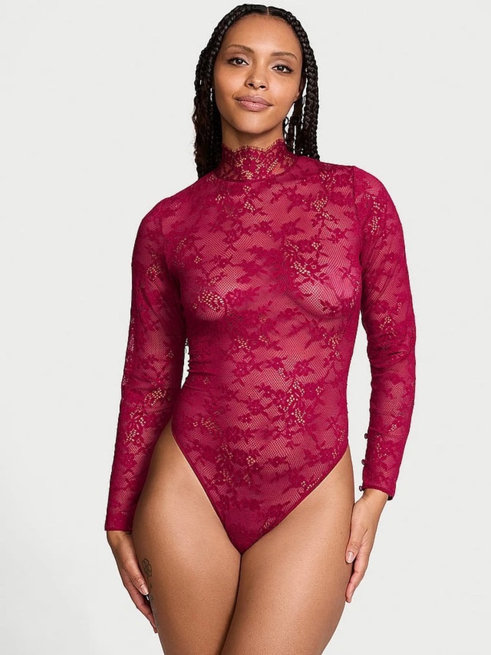 Victoria’s Secret Lace Bodysuit – Long Sleeve Sheer High Neck